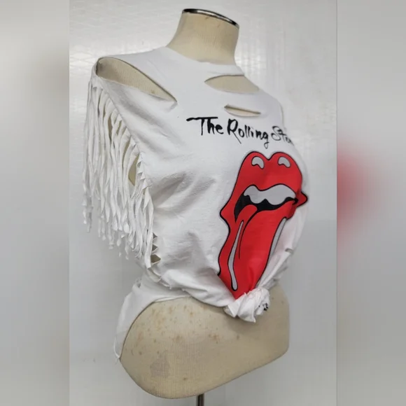 Rolling Stones fringe Shred Tee Upcycled Retro Band Merch - Picture 6 of 9